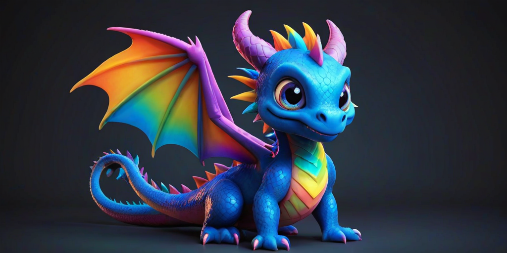 create a cute cartoon dragon with vibrant blue scales, rainbow-colored spikes, large expressive eyes, and a whimsical pose, set against a dark gradient background with soft glowing features