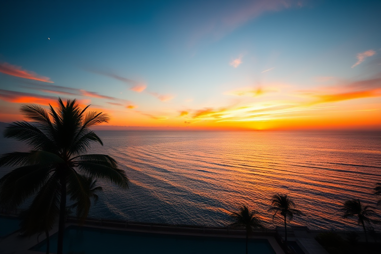 sunset over a calm ocean with silhouettes of palm trees and a pool in the foreground, vibrant orange and yellow hues in the sky, captured with a Canon EOS 5D Mark IV, f/8, ISO 100, 1/100 sec, wide-angle lens, golden hour lighting