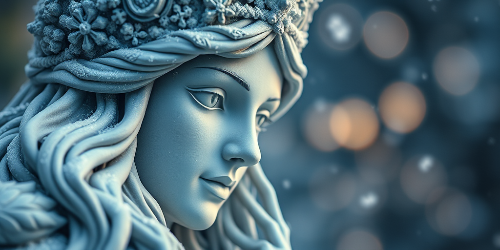 Capture a close-up of a snow queen statue with intricate details, soft diffused lighting, ISO 200, aperture f/2.8, 85mm lens, with a shallow depth of field, and a cool color palette emphasizing winter elements like falling snowflakes.