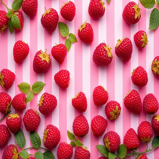 Create a vibrant pattern of raspberries on a pink and white striped background, using a Canon EOS R5 camera, f/8 aperture, ISO 100, 50mm lens for sharp detail, top-down view, and a high-saturation color style for enhanced image quality.
