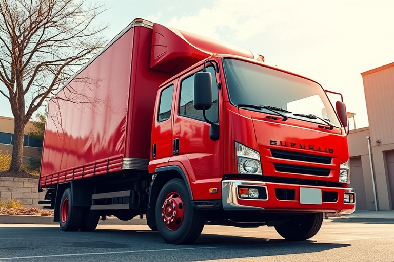 Create a high-resolution image of a red delivery truck from a low-angle perspective, f/8 aperture, 1/250 sec shutter speed, ISO 100, natural lighting, digital illustration style.
