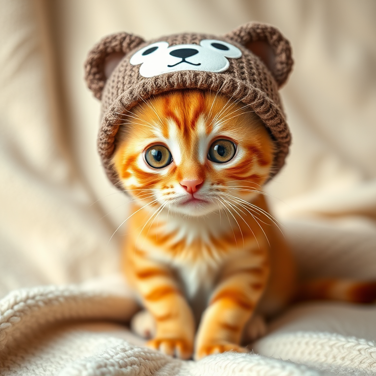 A cute orange tabby cat wearing a bear-themed hat with large expressive eyes sitting on a soft blanket background. The cat has a curious and adorable expression, making it look playful and charming.