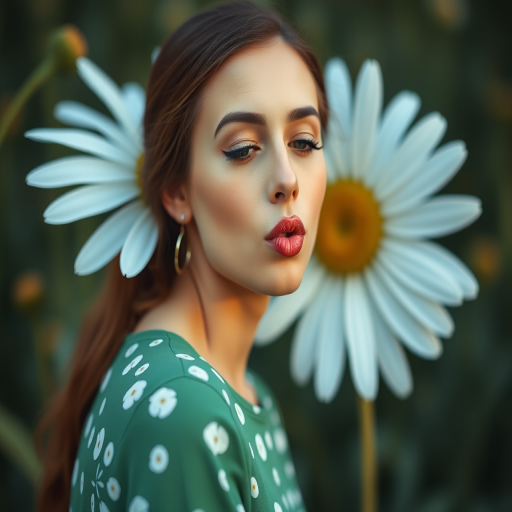 Create an image of a stylized woman blowing a kiss with a large daisy in the background, shot with a Canon EOS 5D Mark IV, 50mm lens, f/1.8, ISO 100, natural light, shallow depth of field.