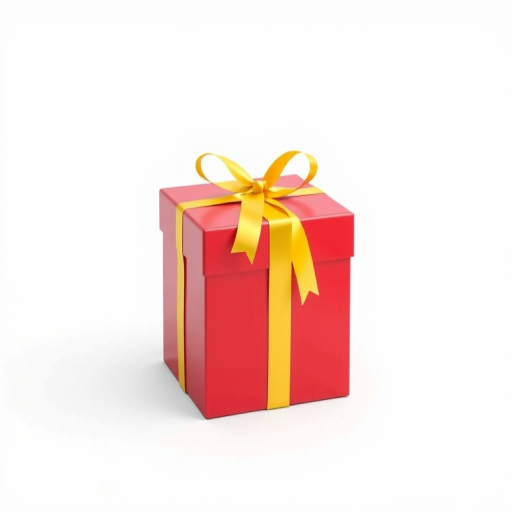 Render a high-quality digital illustration of a simple red gift box with a yellow ribbon, using a Canon EOS R5, 50mm lens, f/2.8 aperture, ISO 100, in a bright studio lighting setup, centered on a white background.