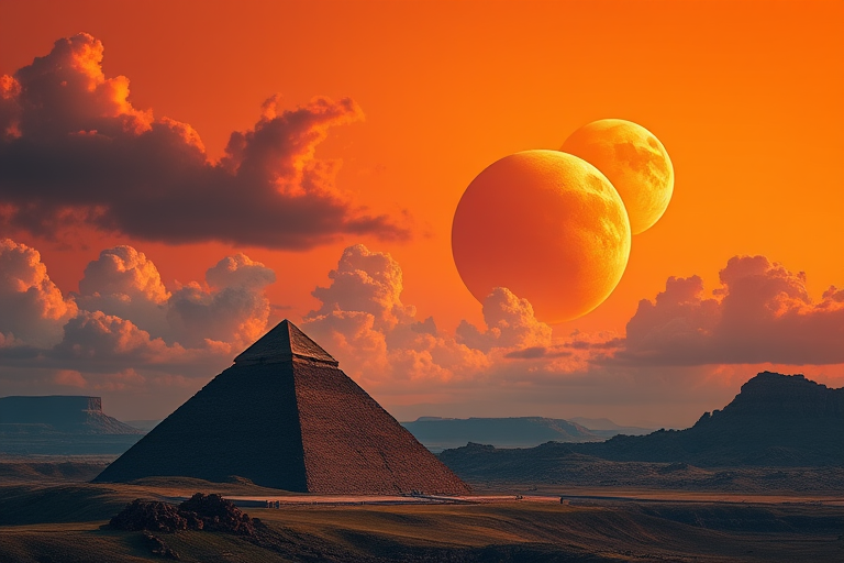 Create an image of a surreal landscape featuring three large glowing planets in an orange sky, a prominent pyramid in the foreground, with dramatic clouds and a distant rocky terrain, captured with a DSLR camera at f/8, ISO 100, 24mm lens, natural lighting for enhanced detail and vibrant colors.