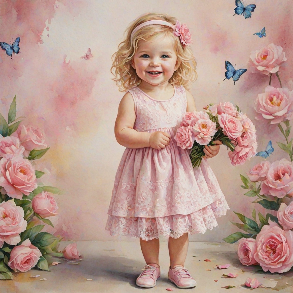 hyperrealism happy smiling toddler girl with messy wavy blonde hair with a headband, she is wearing a pink and white lace dress with pink and white shoes, she is holding a pink bouquet of flowers. Pink flowers and butterflies. summer background. Watercolor Highly detailed