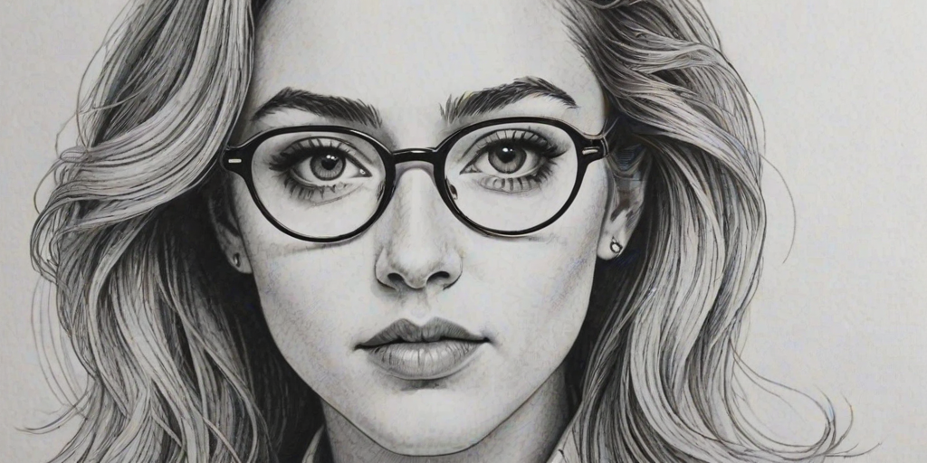 Gorgeous Brandi Cyrus, pencil sketch, portrait of Bewitching woman 1980s in glasses, hair style beatnik, outline, clear lines, fine lines, 8k