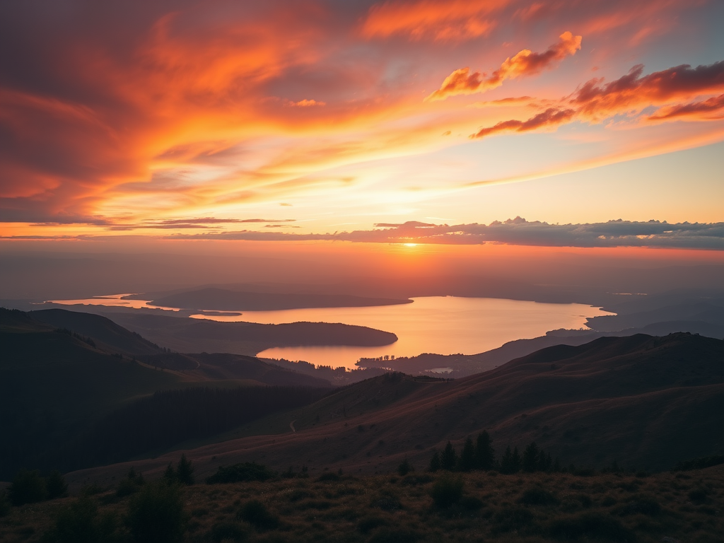Create a high-resolution image of a serene landscape featuring rolling hills and a tranquil lake at sunset, using a DSLR camera with a 50mm lens, aperture set to f/1.8, ISO 100, and a shutter speed of 1/125 sec, capturing a wide-angle view with vibrant colors and soft focus.