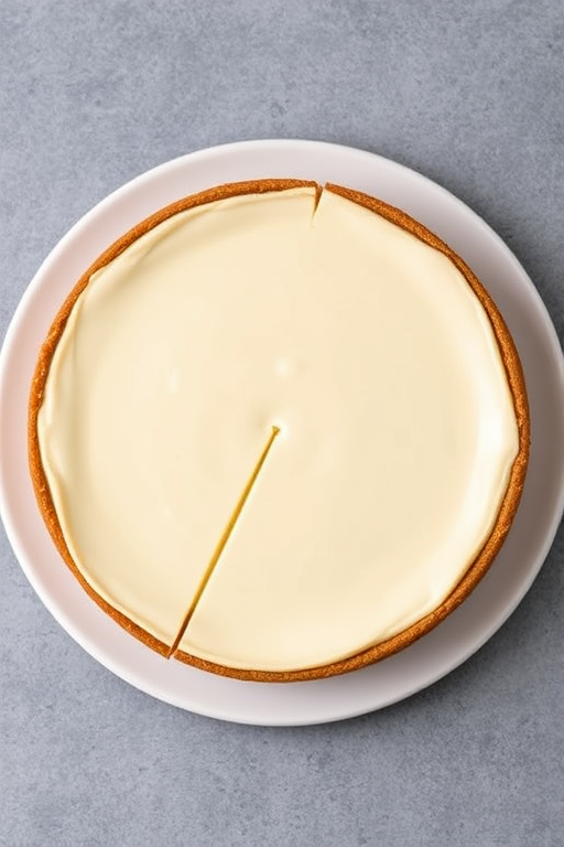A circular cheesecake with a smooth cream filling and a golden brown graham cracker crust sliced into triangular pieces arranged on a white plate with a textured gray background.