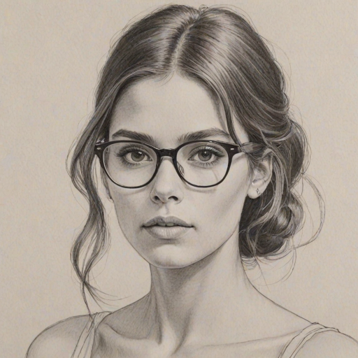 Captivating Caitlin Stasey, pencil sketch, portrait of Graceful woman 1964s in glasses, hair style beatnik, outline, clear lines, fine lines, 8k