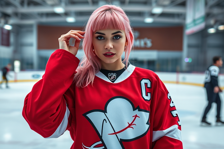 portrait of a Woman, she is posing in an ice rink, wearing a oversized hockey shirt, she has pink hair