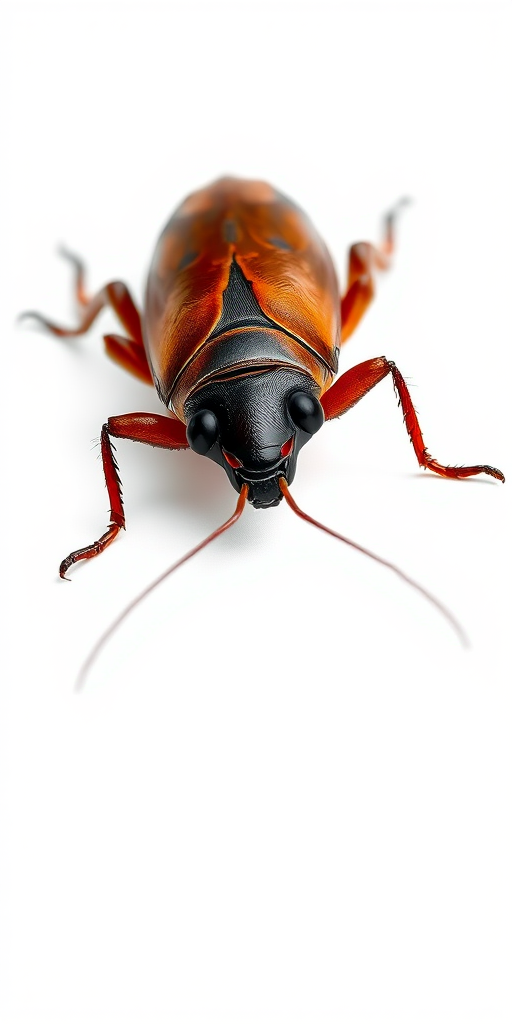 Create a highly detailed illustration of a cartoon-style cockroach on a plain white background, using a 50mm lens, f/8 aperture, ISO 100, and a macro photography style to enhance image quality and focus on texture and color vibrancy.