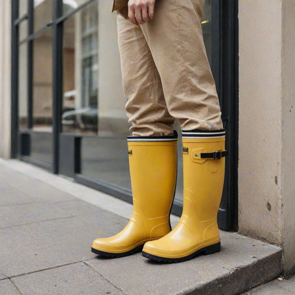 Generate an image of a pair of stylish, yellowish-beige rubber boots with a relaxed fit, featuring a thick black sole and a yellow stripe along the base. The boots should be placed next to a window, showcasing a modern and clean aesthetic.