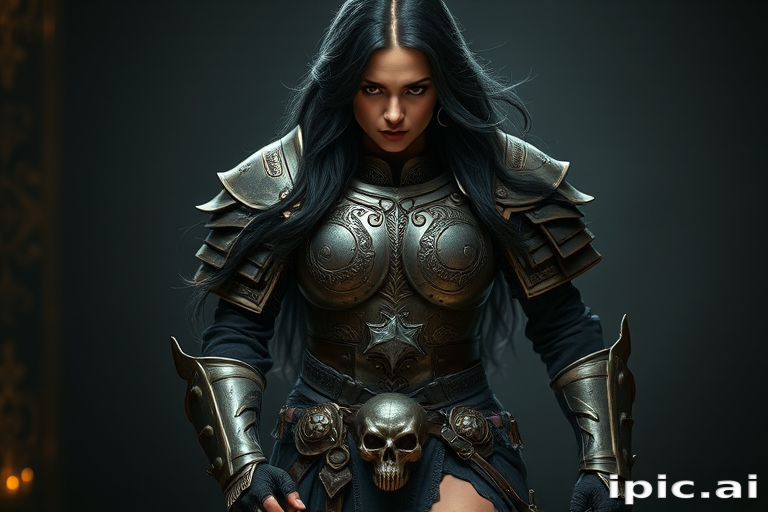 Create a photo of a fierce female warrior with long black hair, wearing an ornate, metallic armor. The armor includes a breastplate with intricate designs, shoulder guards, and gauntlets. The breastplate is decorated with a central emblem, possibly representing a mythical symbol, and has a sculpted, form-fitting design. She wears a belt with a large skull ornament at the center, and her armor extends into a partial skirt, revealing one leg. The overall look is both protective and stylish, with a dark, gothic aesthetic. The background is dimly lit, suggesting a medieval or fantasy setting, enhancing the warrior's imposing presence and intense expression.