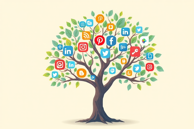 Create a high-resolution illustration of a social media tree with icons of various platforms like Facebook, Twitter, and Instagram as leaves, set against a soft gradient background, using a Canon EOS R camera, f/4 aperture, ISO 100, and a 50mm lens for sharp detail and vibrant colors.