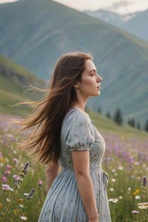 Softly focused image of a young woman standing in a field of wildflowers, long hair blowing in the wind, distant mountains barely visible through a hazy summer sky.