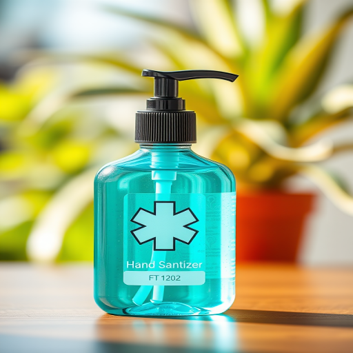 Design a high-quality image of a turquoise hand sanitizer bottle with a pump top and a medical cross symbol, using a close-up shot, with a focus lens, aperture set at f/2.8, ISO 100, natural lighting, and a shallow depth of field to enhance details and colors.