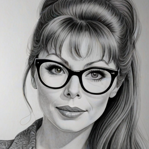 Exquisite Cassandra Peterson, pencil sketch, portrait of Graceful woman 1954s in glasses, hair style beatnik, outline, clear lines, fine lines, 8k