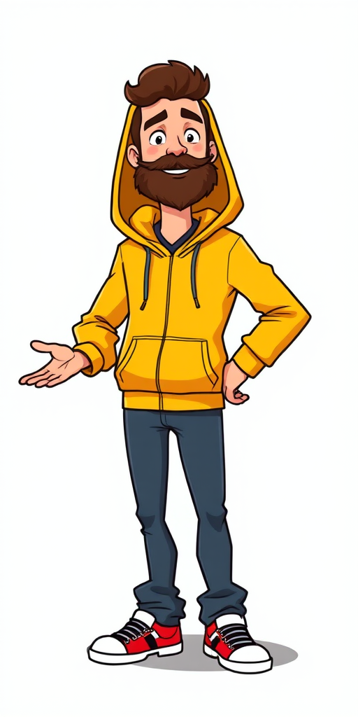 Create an illustration of a cartoon man with a beard wearing a yellow hoodie, standing with one hand on his hip and the other hand gesturing, using a digital art style, high resolution, 300 DPI, shot from a 45-degree angle to enhance depth.