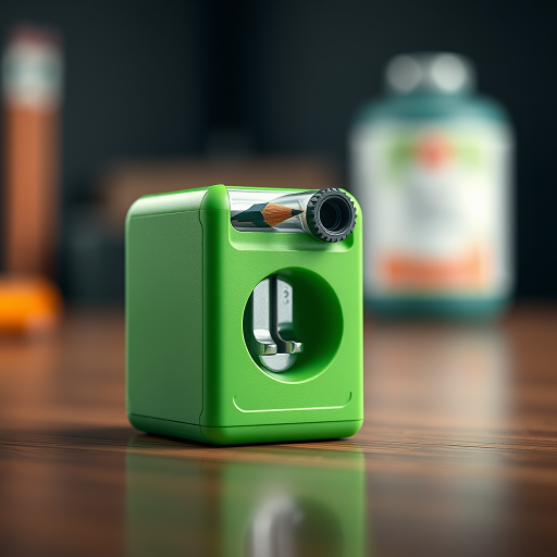 Create a high-resolution 3D render of a green pencil sharpener with detailed textures, using a DSLR camera, 50mm lens at f/1.8, ISO 100, soft lighting, and a blurred background for emphasis.