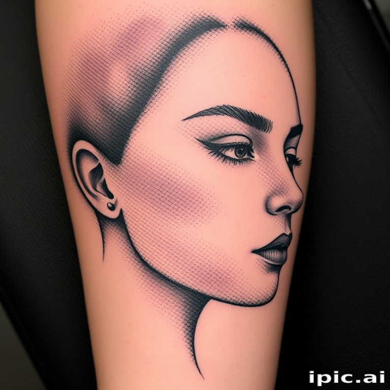 Stipple shading tattoo named "Pointillism Portrait" using countless tiny dots to create gradients and textures, forming a detailed portrait with a unique textural quality