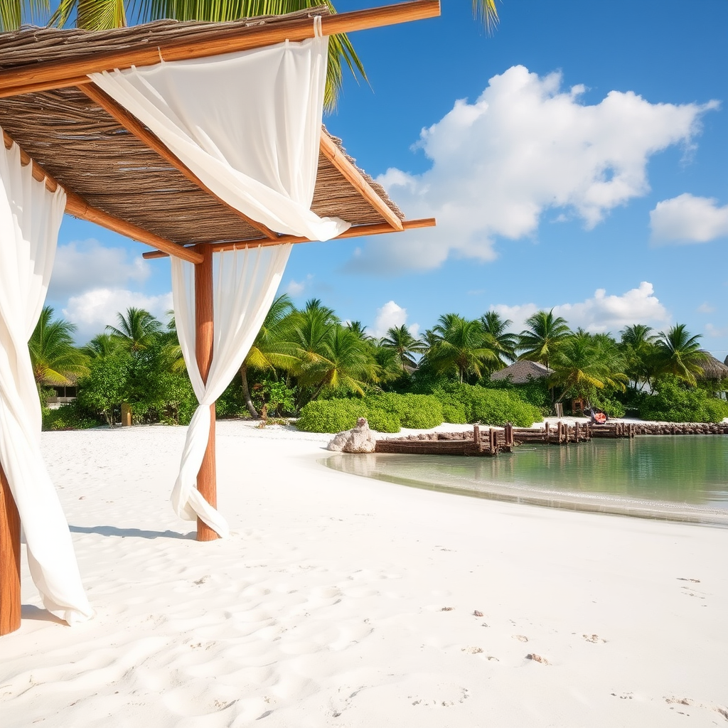 Create a picturesque tropical beach scene featuring a serene, white sandy shore. In the foreground, there's a rustic wooden canopy with white drapes gently flowing in the breeze. Underneath the canopy, a table is set with tropical decor, evoking a sense of relaxation and leisure. The beach extends into a calm, shallow water area with reflections of the sky and surroundings. Palm trees and lush greenery line the edge of the beach, providing a natural, tropical backdrop. The sky is clear with a few scattered clouds, and the overall atmosphere is tranquil and inviting, perfect for a peaceful retreat.