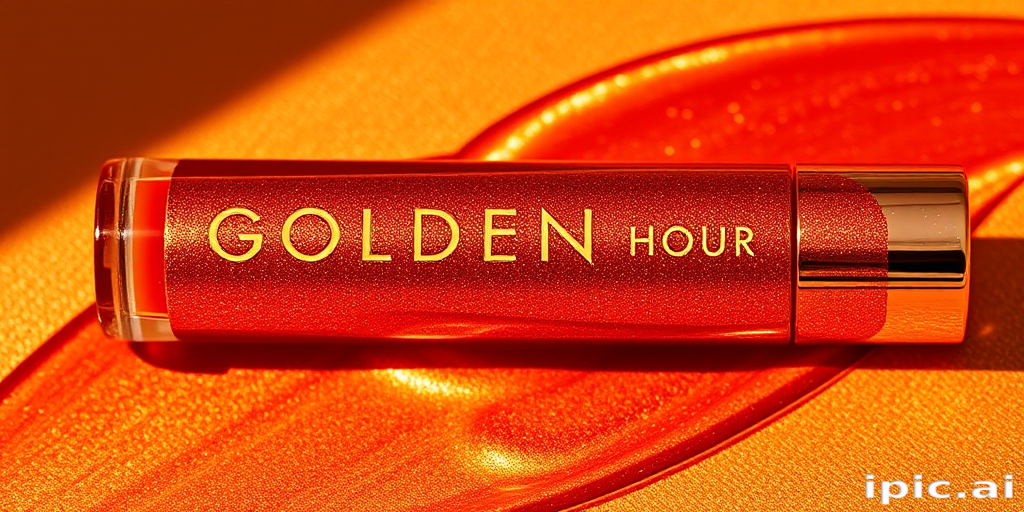Glamorous "Golden Hour" metallic liquid lipstick featuring warm, sun-kissed tones with a high-shine finish, perfect for creating a radiant, glowing makeup look