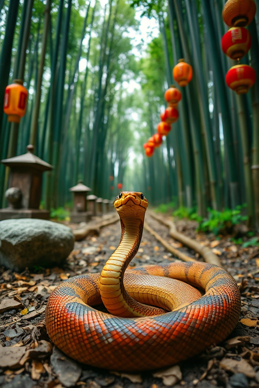 Create an image of a snake coiled in a serene bamboo forest setting with stone formations and lanterns, using a Canon EOS R5, 50mm lens, f/1.8 aperture, ISO 100, 1/200 sec shutter speed, at a low angle for enhanced depth of field and vibrant colors.