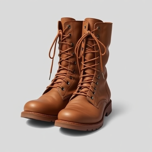 Create a high-resolution illustration of a pair of brown combat boots, front view, on a light gray background, using a DSLR camera at f/8, ISO 100, with a 50mm lens to enhance detail and texture.