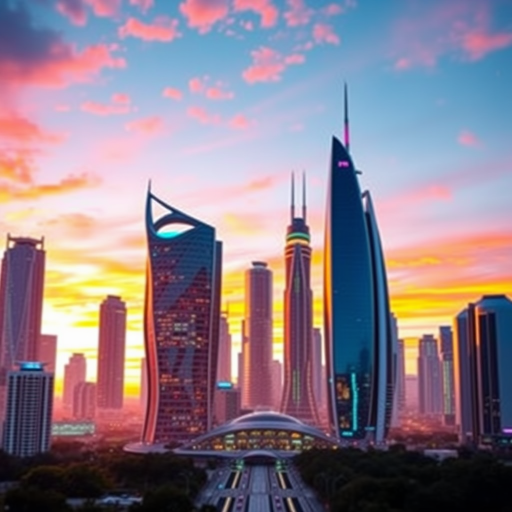 Create an image of a futuristic city skyline at sunset with vibrant colors, using a DSLR camera with a 50mm lens, aperture f/2.8, ISO 100, shutter speed 1/200s, and a wide-angle view to enhance perspective and depth.