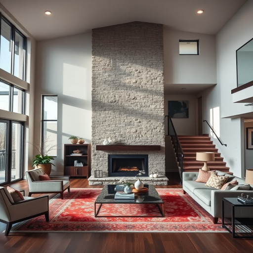 interior of a modern living room featuring a stone fireplace, elegant furniture, and a stylish staircase, soft natural lighting, wide-angle view, DSLR camera, f/8 aperture, ISO 200, 24mm lens, daylight white balance
