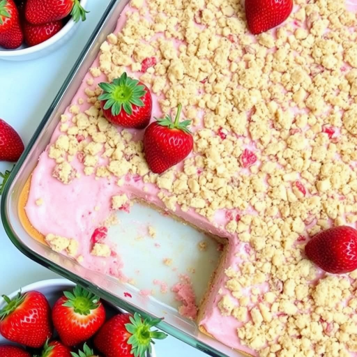 A rectangular dessert with a creamy pink filling and a crumbly topping made of crushed strawberries and cookies, decorated with whole strawberries on top, set in a baking dish with a piece cut out, surrounded by fresh strawberries in a bowl.