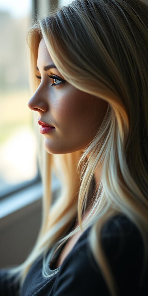 portrait of a woman with long blonde hair in profile, soft natural lighting, shallow depth of field, 85mm lens, f/1.8 aperture, ISO 200, taken with a DSLR camera
