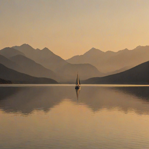 Softly focused image of a lone sailboat drifting across a calm lake at sunset, soft light from the golden sky reflecting on the water, with distant mountains silhouetted against the horizon.