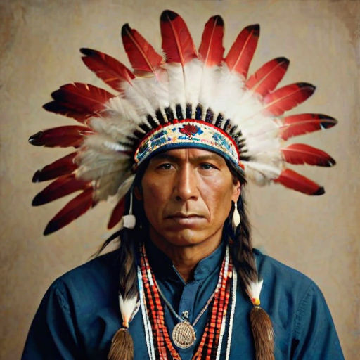 Create a dignified portrait of a Native American man dressed in traditional attire. He wears a beautifully crafted headdress adorned with white feathers and red beads, along with a beaded headband featuring intricate patterns. His clothing includes a deep blue, patterned shirt and a traditional chest piece with detailed beadwork. His arms are crossed, displaying leather armbands decorated with feathers. The background is simple and neutral, emphasizing his proud and stoic expression. The overall image captures the rich cultural heritage and strength of his persona.