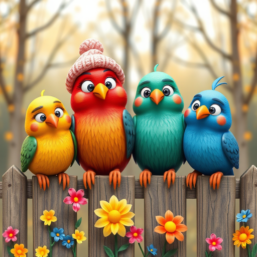 create a scene of 4 quirky  whimsical colourful comical birds each with a funny expression. they are sat on a wooden fence with colourful flowers. they are all different sizes. each one is a different colour  one is wearing a woolly hat. Each one has a different quirky google expression and there is a muted background of trees watercolour paintierly style high definition 8k resolution 3D paper mache
