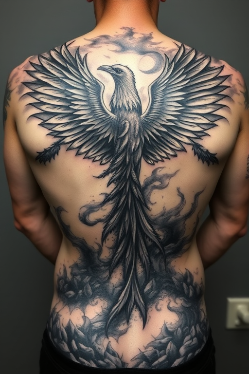 Dramatic black and gray body tattoo of a soaring phoenix rising from ashes, spanning the entire back with hyper-realistic shading and intricate feather details