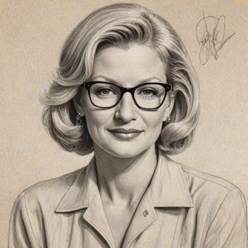 Radiant Diane Sawyer, pencil sketch, portrait of Pleasing woman 1946s in glasses, hair style beatnik, outline, clear lines, fine lines, 8k