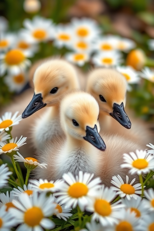 Regenerate an image of fluffy goslings nestled among daisies with a shallow depth of field, soft natural lighting, captured at 50mm focal length, f/2.8 aperture, ISO 200, in a macro style using a DSLR camera.