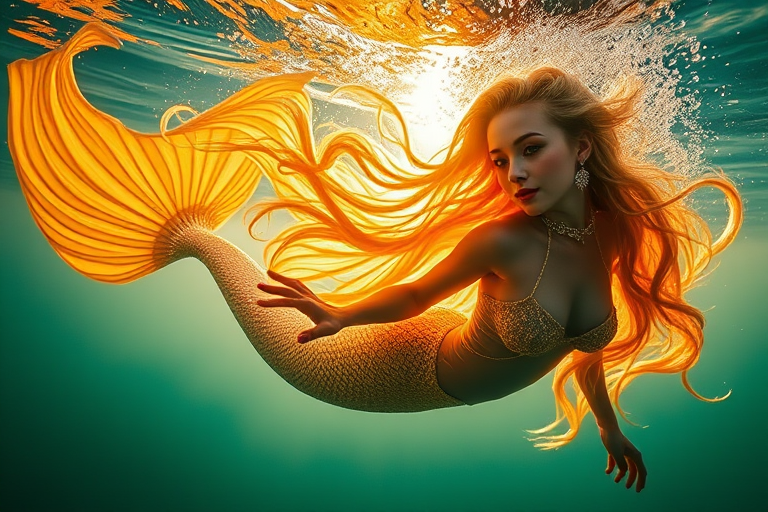 Create a high-resolution underwater image of a mermaid with flowing hair, illuminated by golden sunlight filtering through water, captured with a Canon EOS R5 at f/2.8, ISO 200, 50mm lens, using a high dynamic range style.