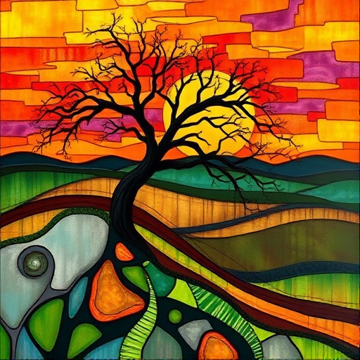 A vibrant abstract painting on Tiffany Glass, blending acrylic and alcohol ink techniques, captures a dramatic sunset over rolling hills. The artwork features a textured, rocky foreground in green and brown, layered abstract hills, and a striking sunset in rich oranges, yellows, and reds. A solitary black tree with intricate branches contrasts against the fiery sky, creating a dynamic and expressive portrayal of a breathtaking natural scene.