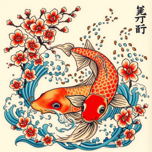 Traditional Japanese irezumi tattoo named "Koi Ascending" featuring a large colorful koi fish swimming upwards through swirling water and cherry blossoms symbolizing perseverance and transformation with bold outlines and vibrant colors characteristic of the style incorporating elements of nature such as waves clouds and wind bars to create a dynamic and harmonious composition