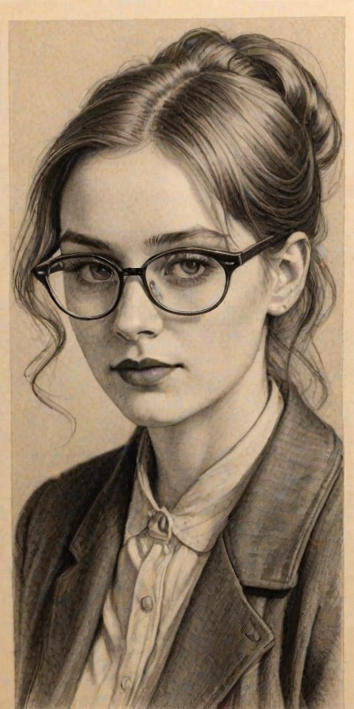 Fascinating Madelyn Cline, pencil sketch, portrait of Fetching woman 1921s in glasses, hair style beatnik, outline, clear lines, fine lines, 8k