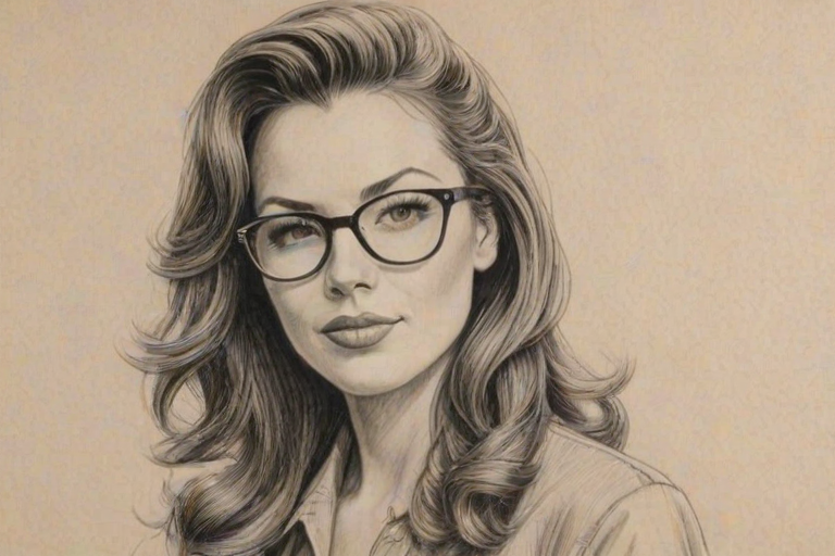 Fascinating Krista Allen, pencil sketch, portrait of Ravishing woman 1945s in glasses, hair style beatnik, outline, clear lines, fine lines, 8k