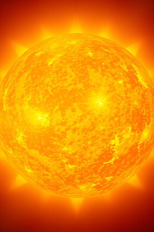 Create a realistic illustration of the sun with vibrant yellow and orange colors, using a Canon EOS R5 camera, 50mm lens, f/8 aperture, 1/1000 sec shutter speed, and ISO 100, focusing on a clear and bright depiction of solar textures.