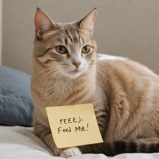 cat holding a note which says "FEED ME"
