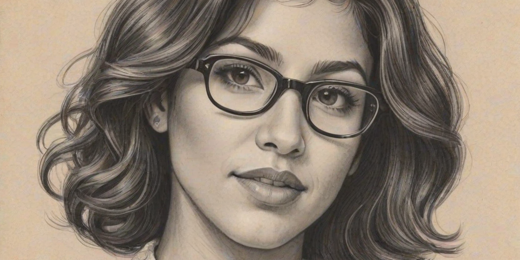 Charming Stephanie Beatriz, pencil sketch, portrait of Superb woman 1930s in glasses, hair style beatnik, outline, clear lines, fine lines, 8k