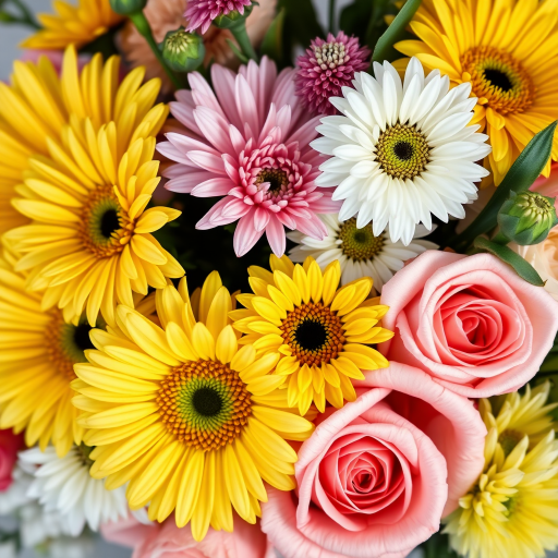 A vibrant bouquet of yellow gerbera daisies, white chrysanthemums, and soft pink roses arranged beautifully, shot at f/2.8 aperture, 50mm lens, using natural soft lighting and a macro photography style for enhanced detail and clarity.