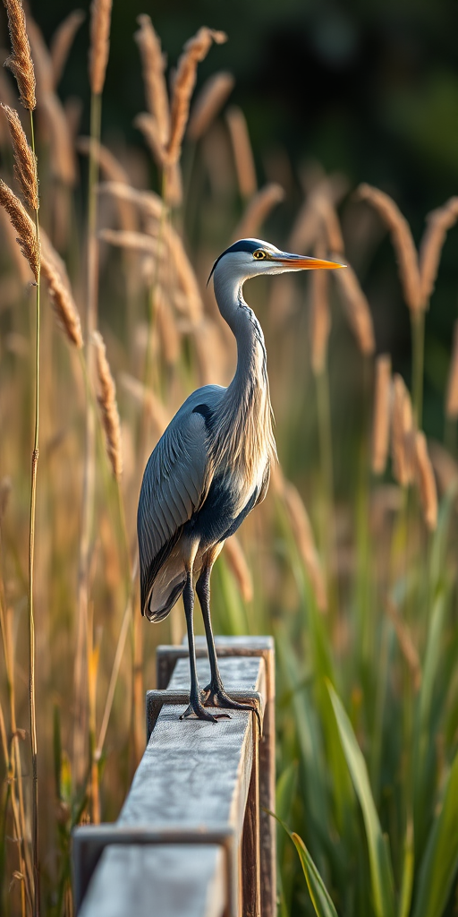 A heron standing on a wooden railing surrounded by tall grasses, soft natural lighting, DSLR camera, 50mm lens, f/4 aperture, ISO 200, shot at eye level for depth and clarity.
