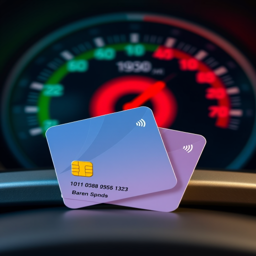 Create an illustration of two stylized bank cards with a colorful speedometer in the background, using a Canon EOS R5 camera, 50mm lens, f/2.8 aperture, ISO 100, and soft natural lighting.